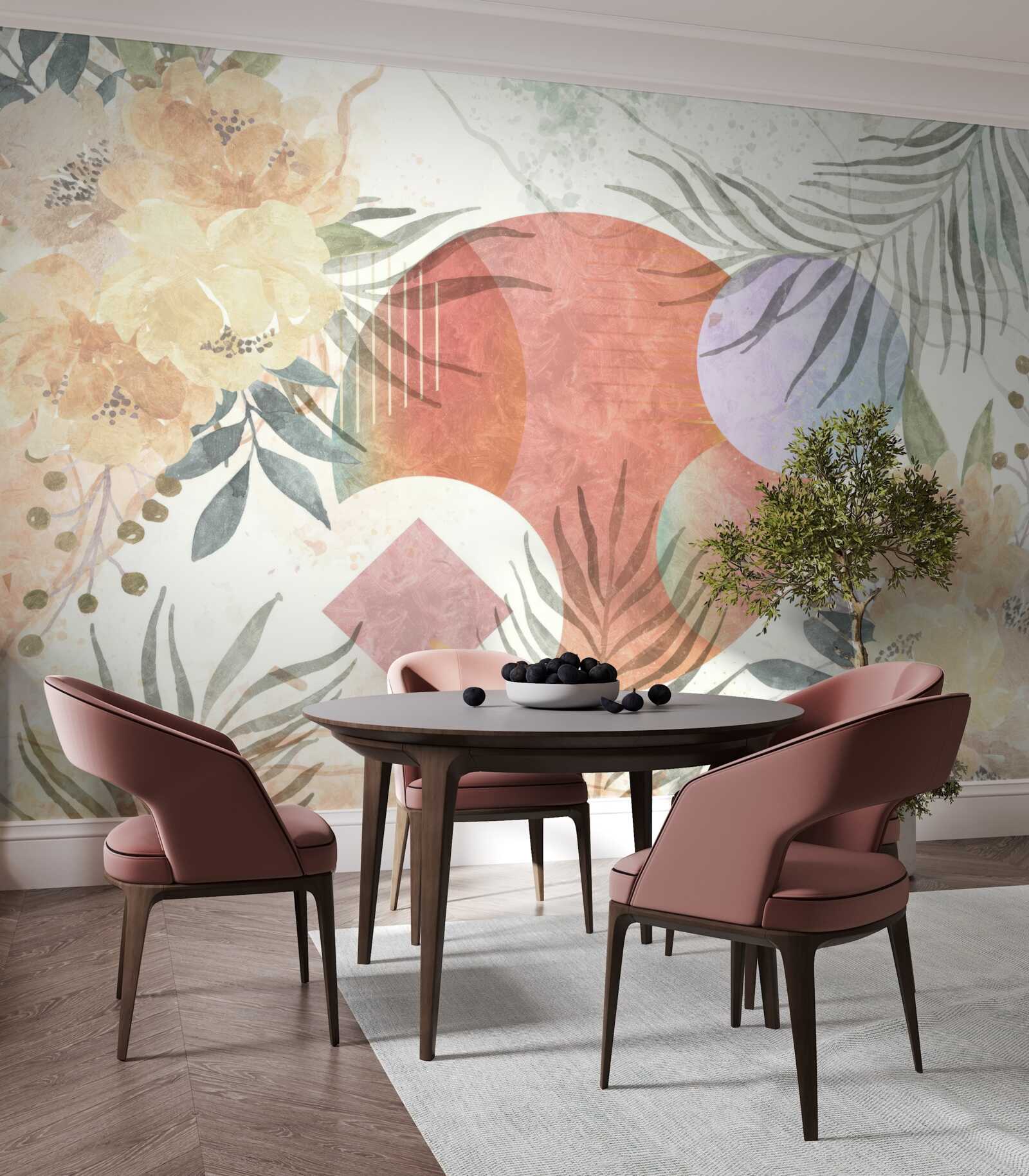Fototapeten Hintergrund mit Vegetation, Blumen und geometrischen Formen