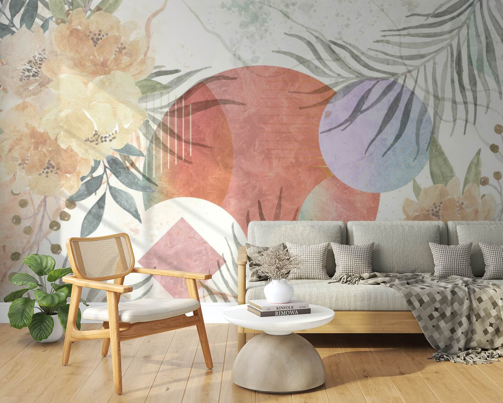 Fototapeten Hintergrund mit Vegetation, Blumen und geometrischen Formen