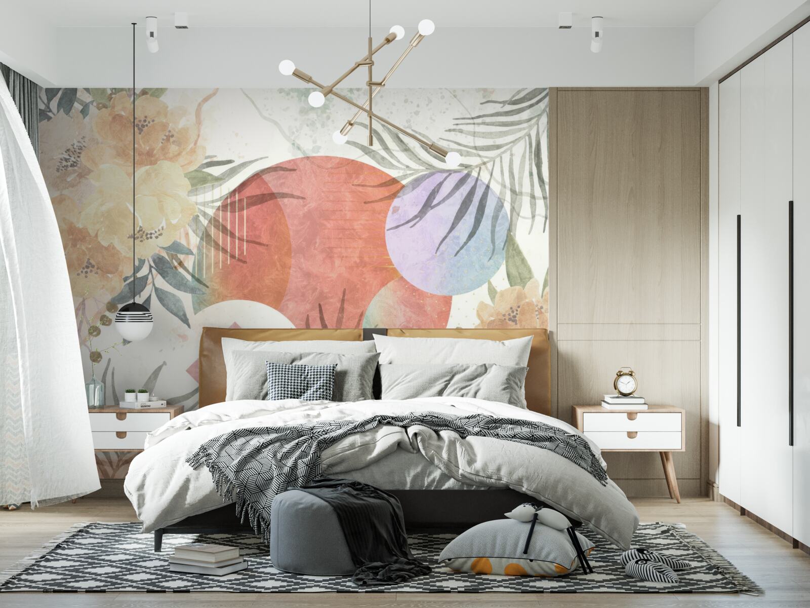 Fototapeten Hintergrund mit Vegetation, Blumen und geometrischen Formen