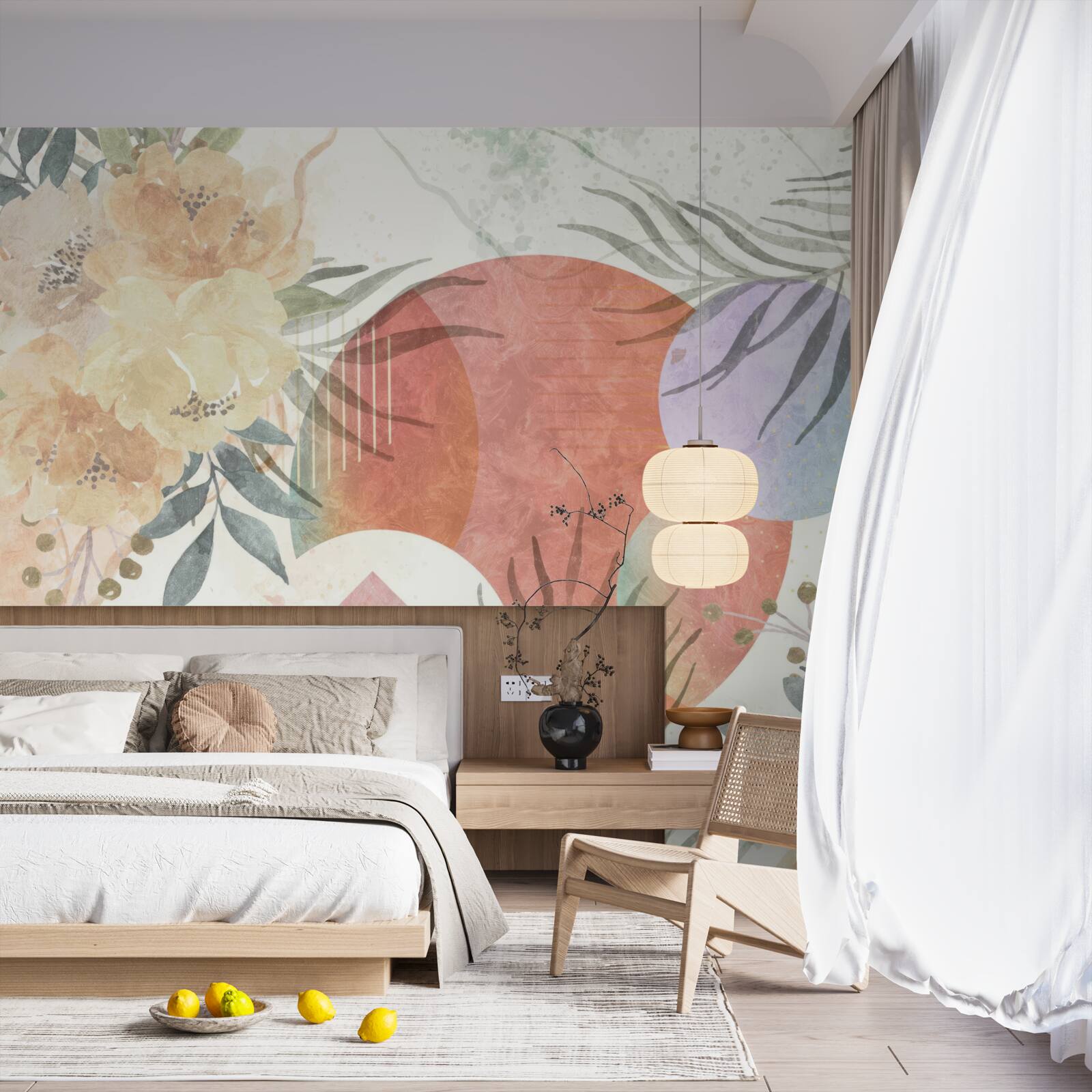 Fototapeten Hintergrund mit Vegetation, Blumen und geometrischen Formen