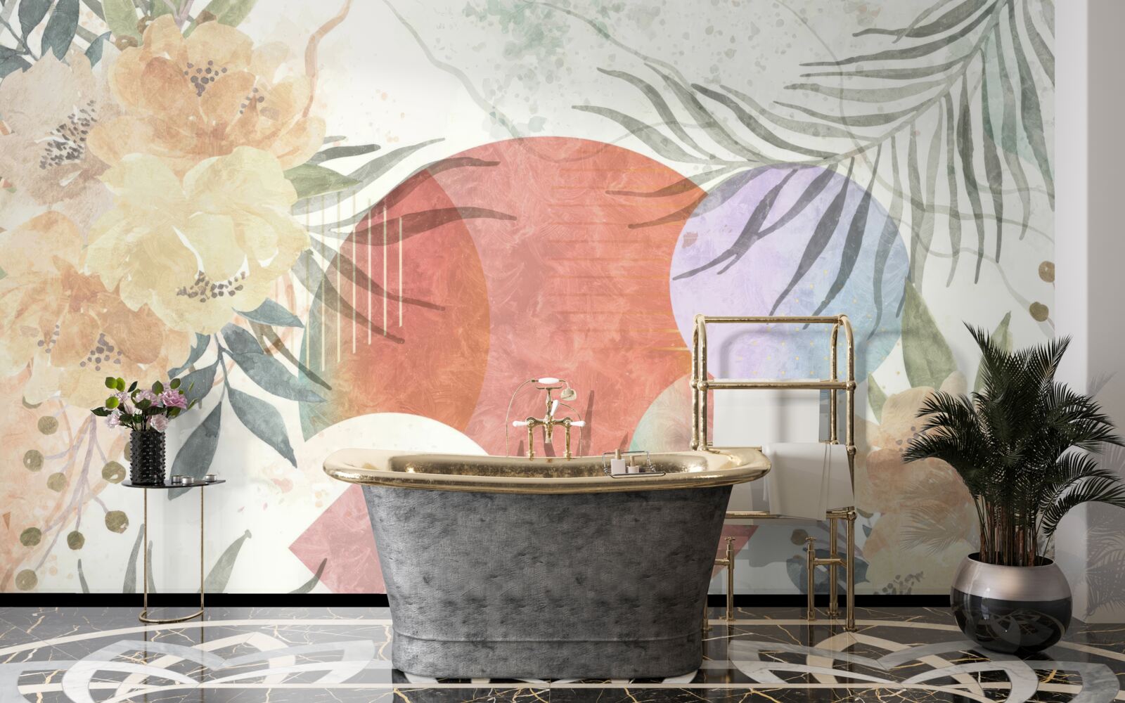 Fototapeten Hintergrund mit Vegetation, Blumen und geometrischen Formen