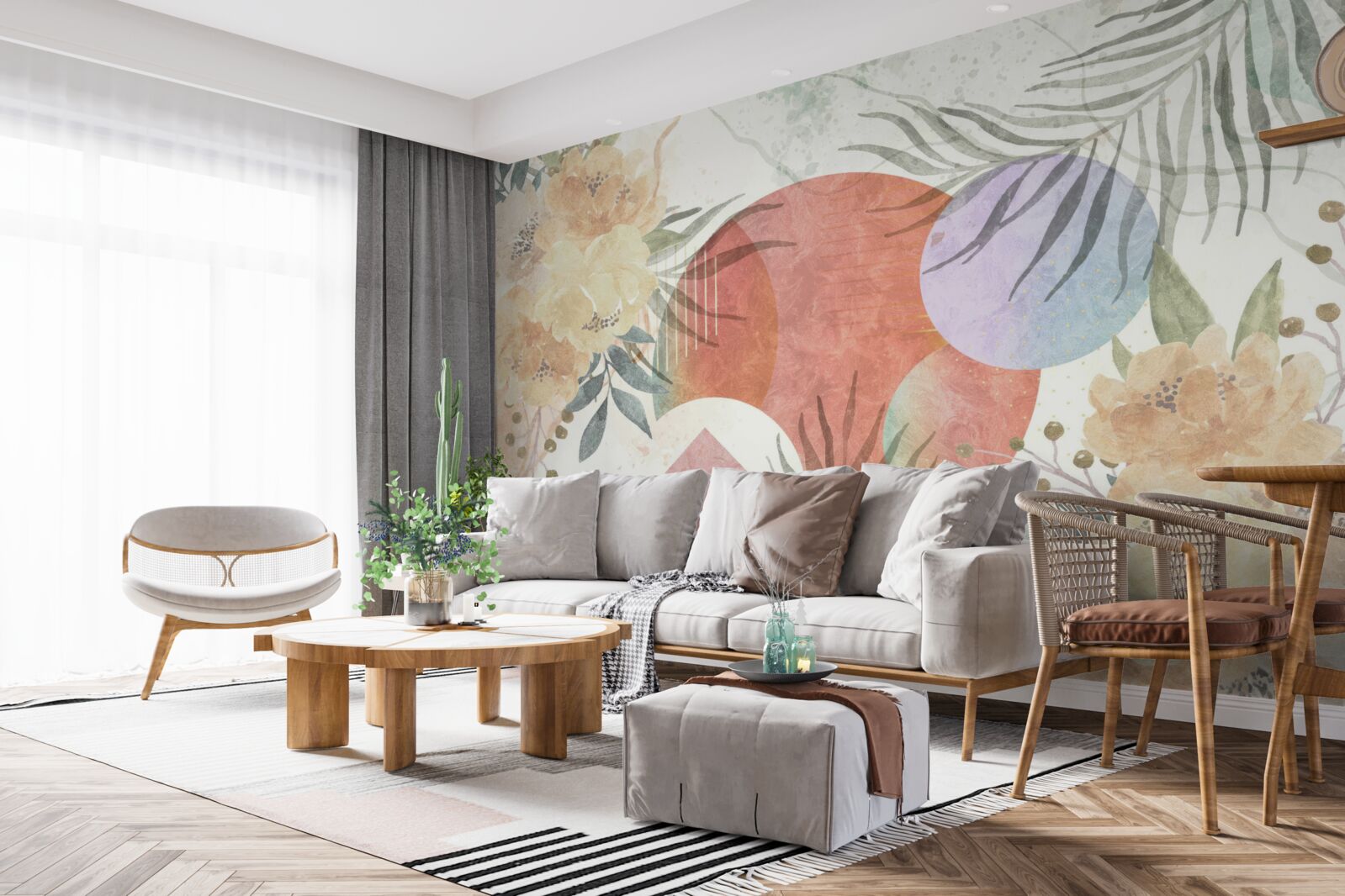 Fototapeten Hintergrund mit Vegetation, Blumen und geometrischen Formen