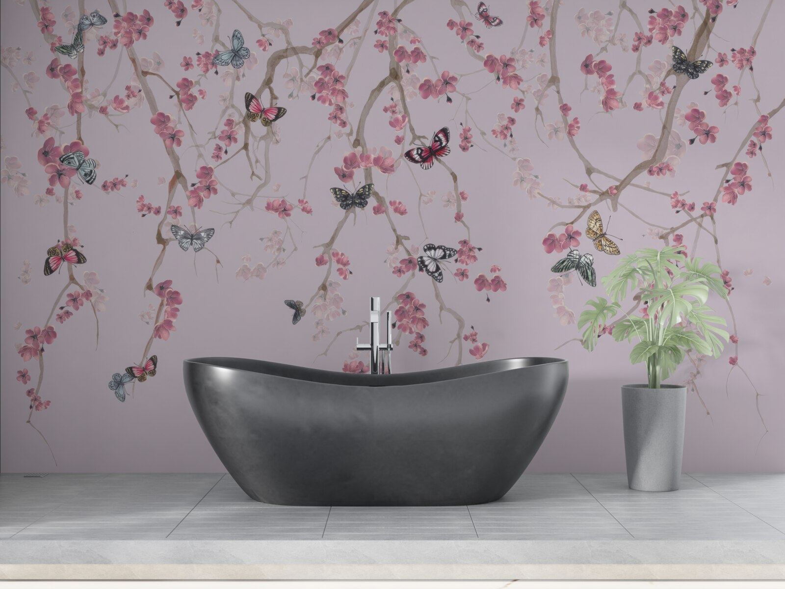 Fototapeten Zweige mit rosa Blumen und Schmetterlingen