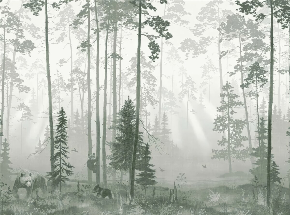 Fototapeten Bären in einem rauchigen Wald