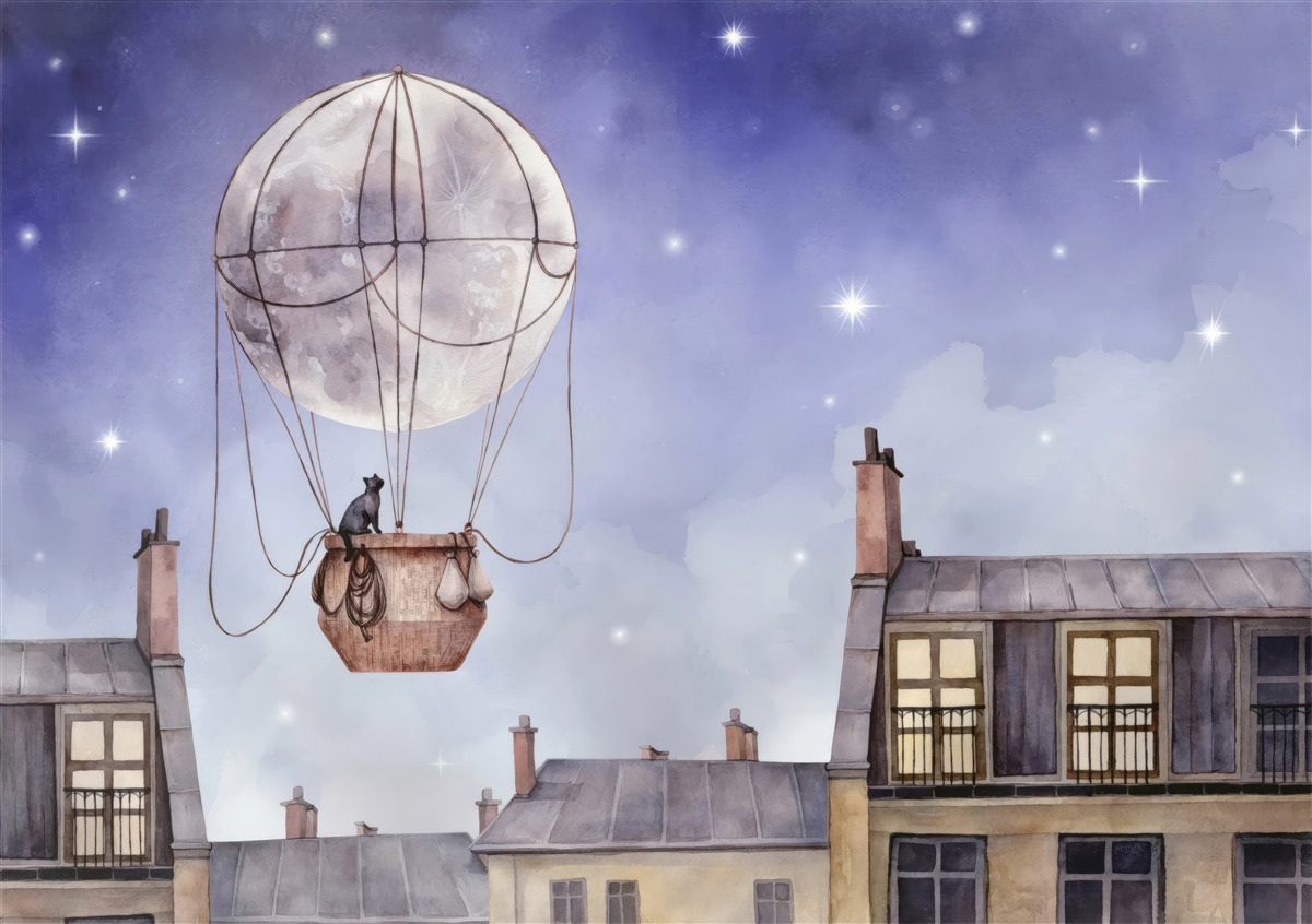 Fototapeten Die Katze fliegt über die Ballonhäuser