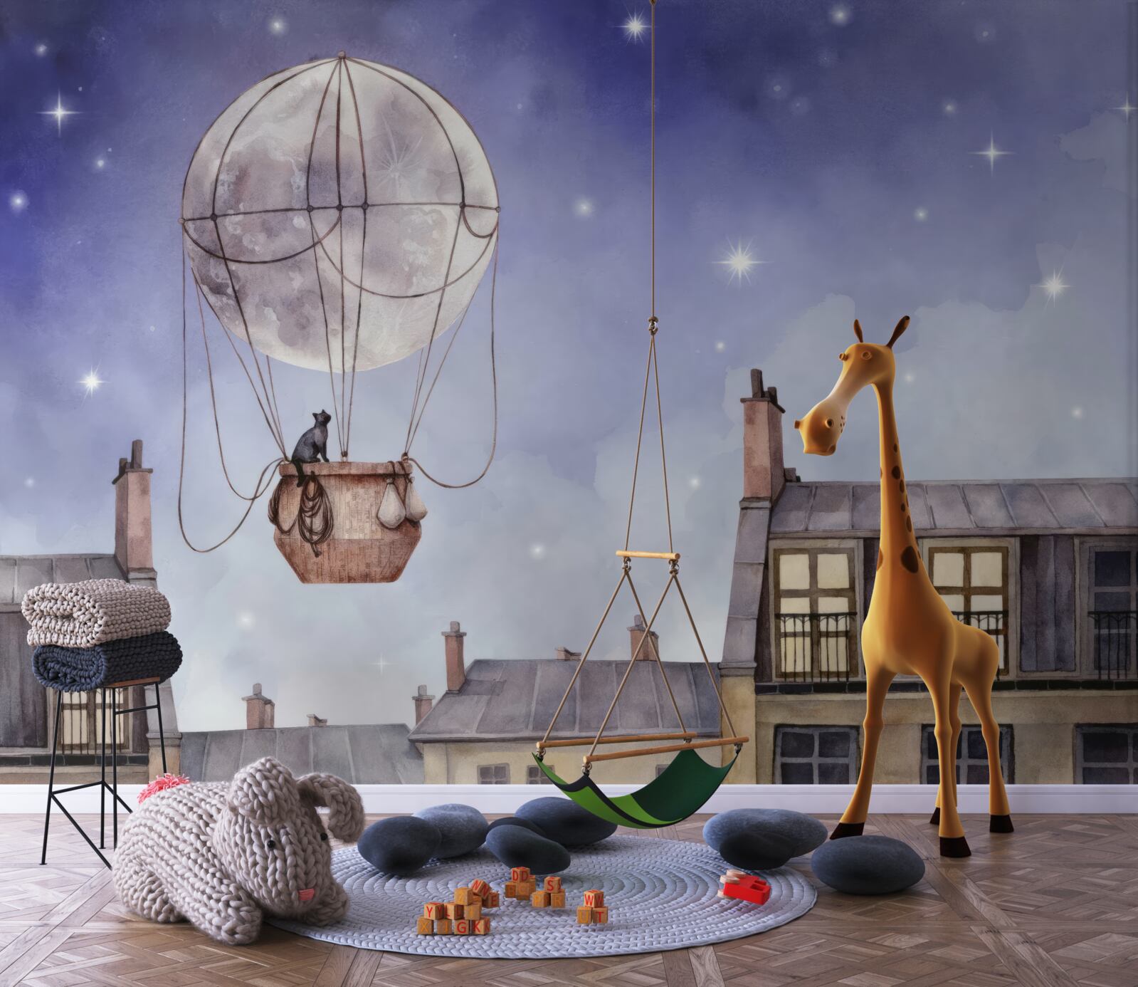 Fototapeten Die Katze fliegt über die Ballonhäuser