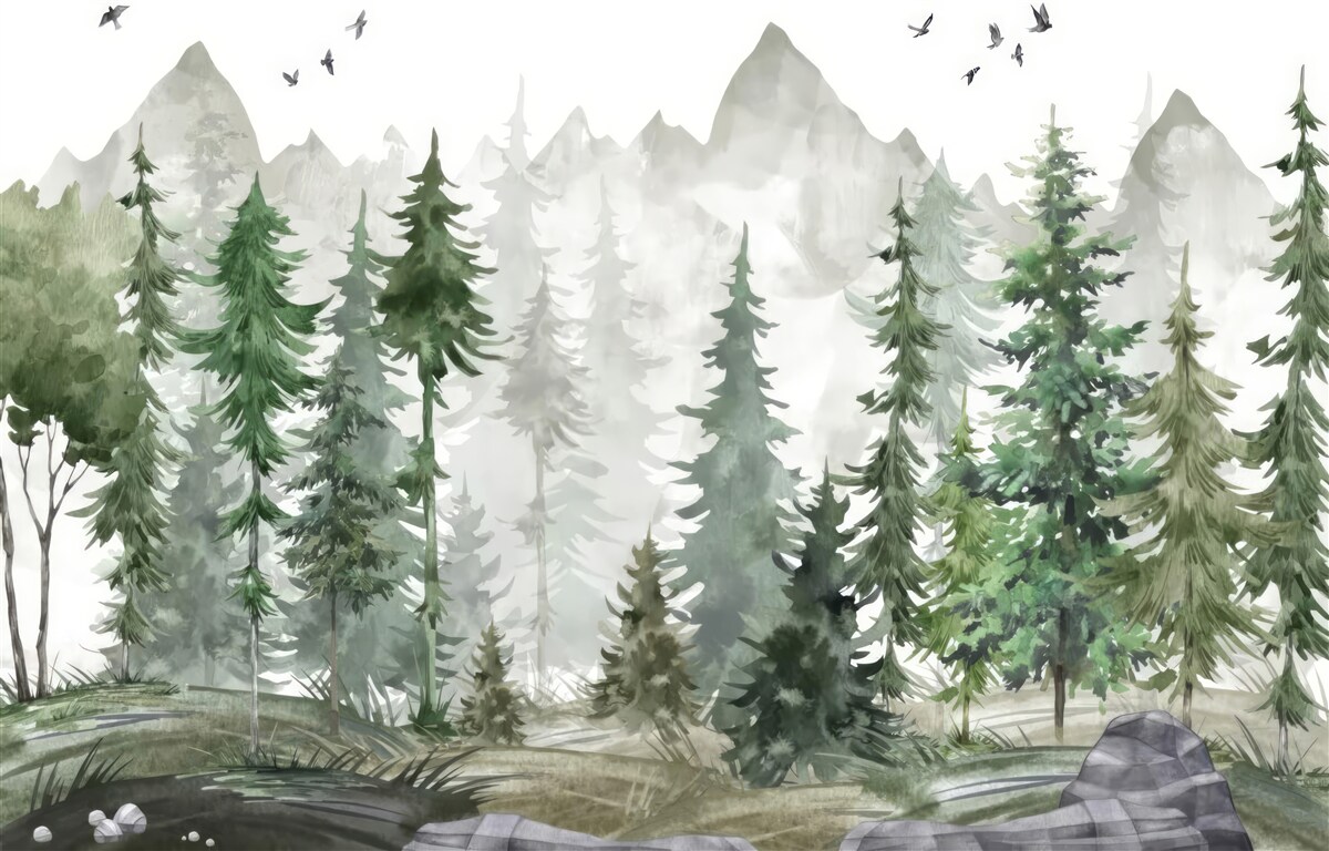 Fototapeten Wald und Berge mit Aquarell bemalt