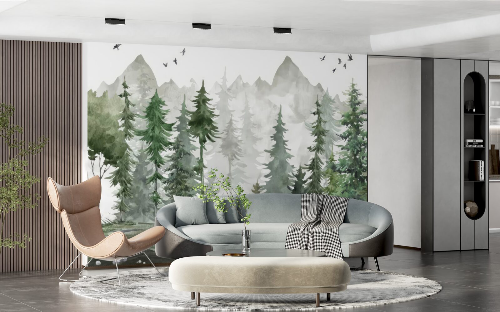 Fototapeten Wald und Berge mit Aquarell bemalt