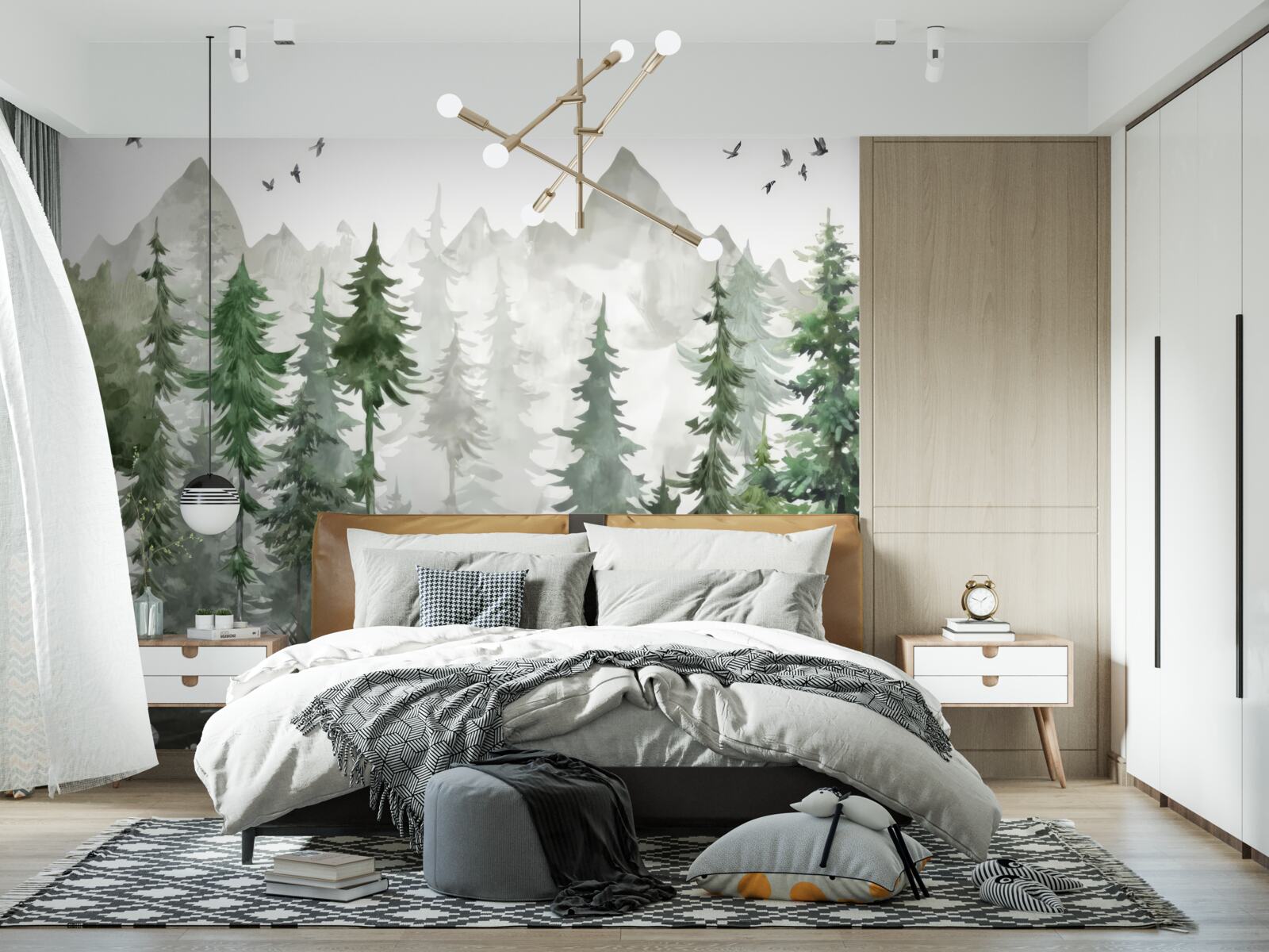 Fototapeten Wald und Berge mit Aquarell bemalt