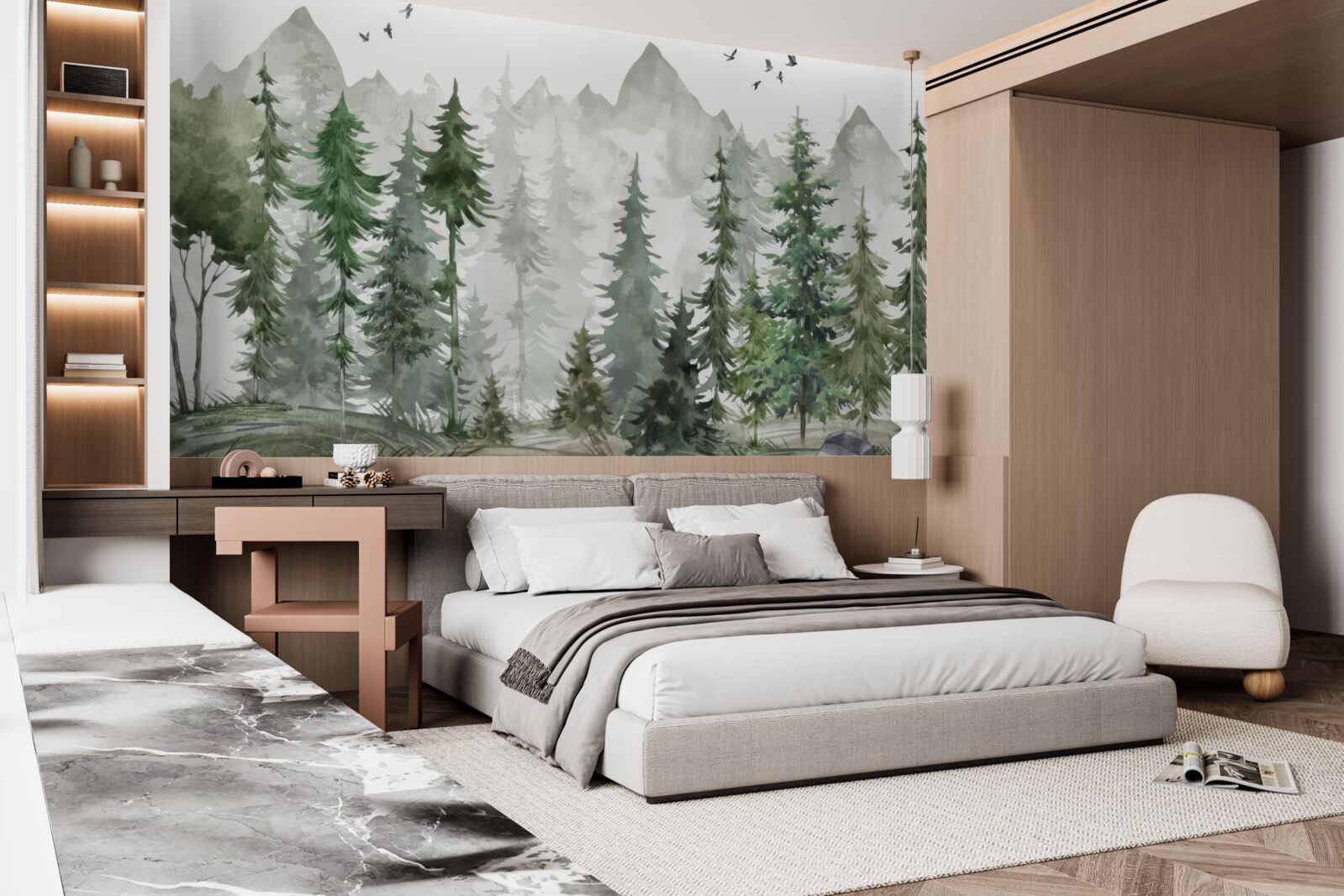 Fototapeten Wald und Berge mit Aquarell bemalt