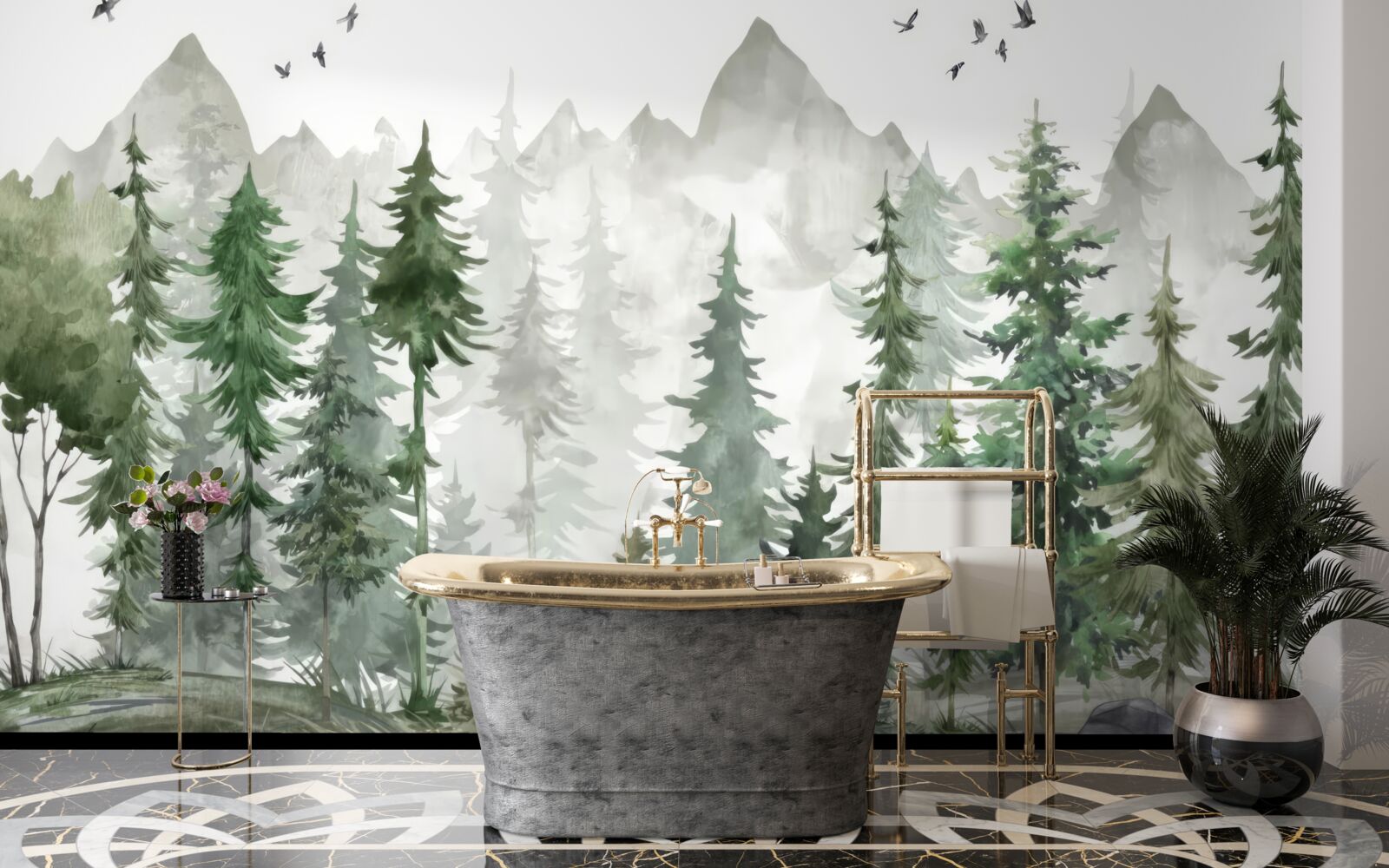 Fototapeten Wald und Berge mit Aquarell bemalt