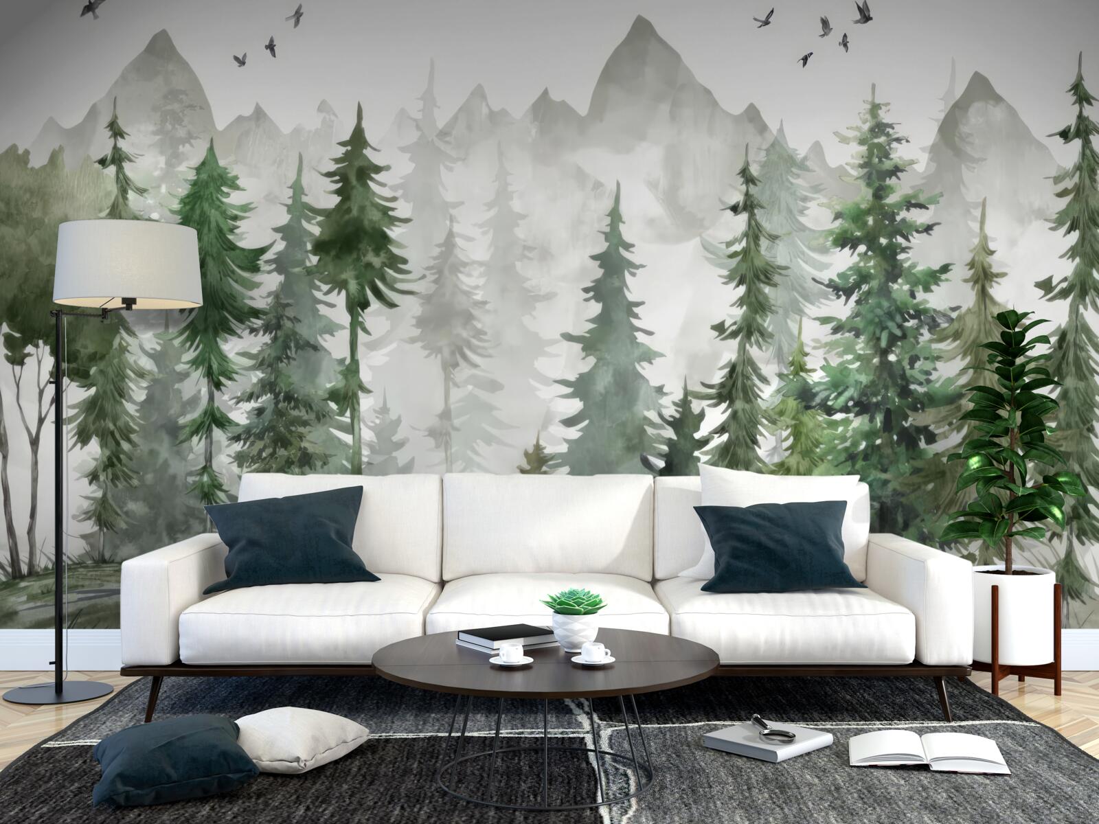 Fototapeten Wald und Berge mit Aquarell bemalt