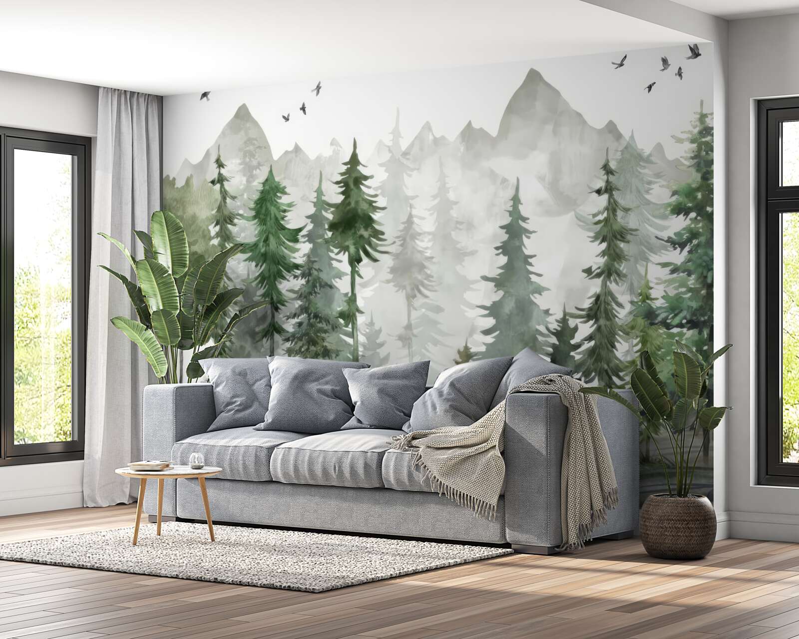 Fototapeten Wald und Berge mit Aquarell bemalt