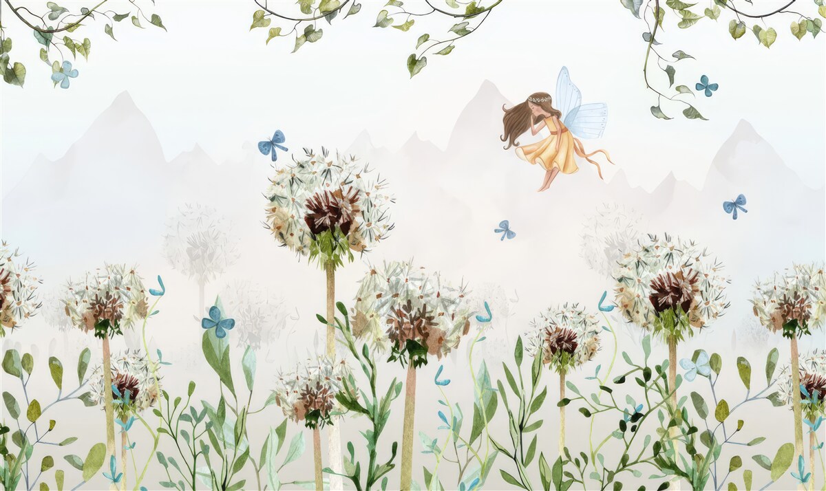 Fototapeten Die Zauberin schwebt über den Blumen