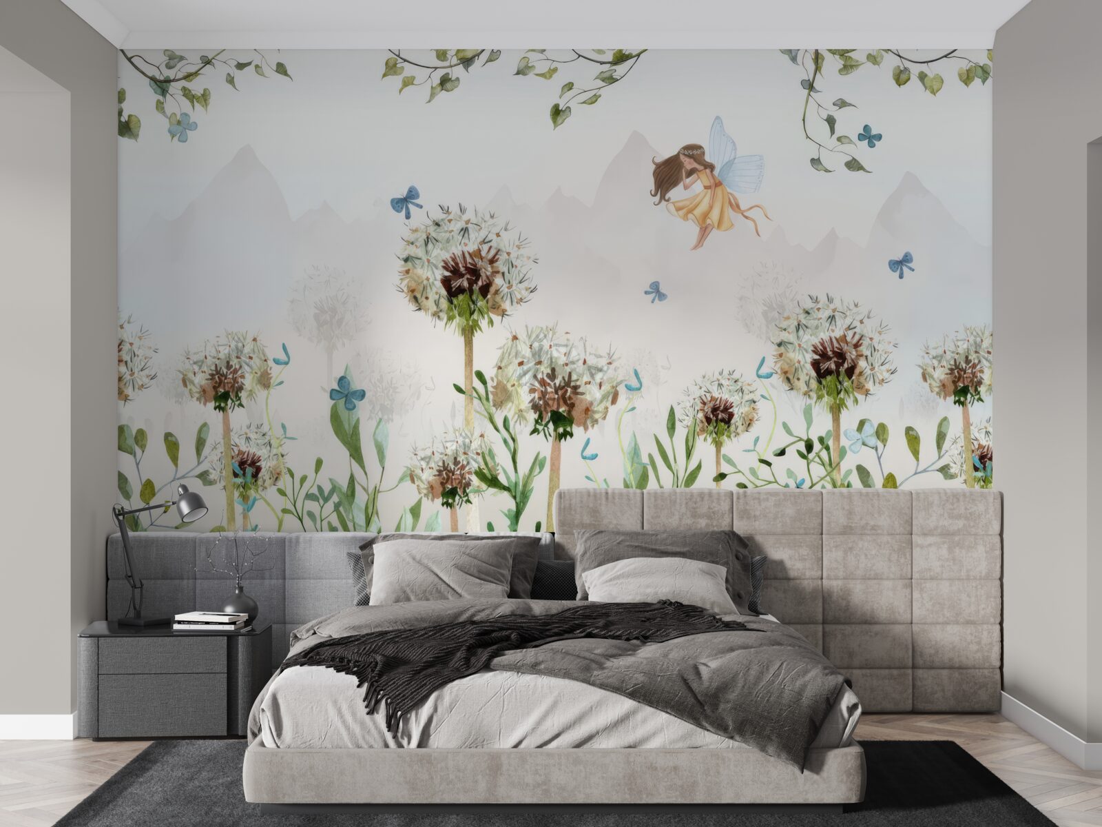 Fototapeten Die Zauberin schwebt über den Blumen