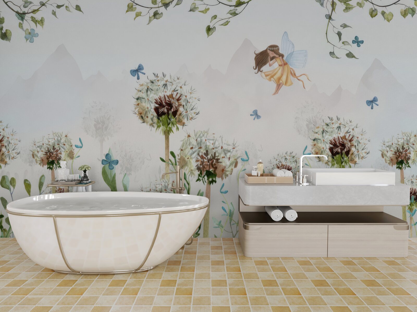 Fototapeten Die Zauberin schwebt über den Blumen