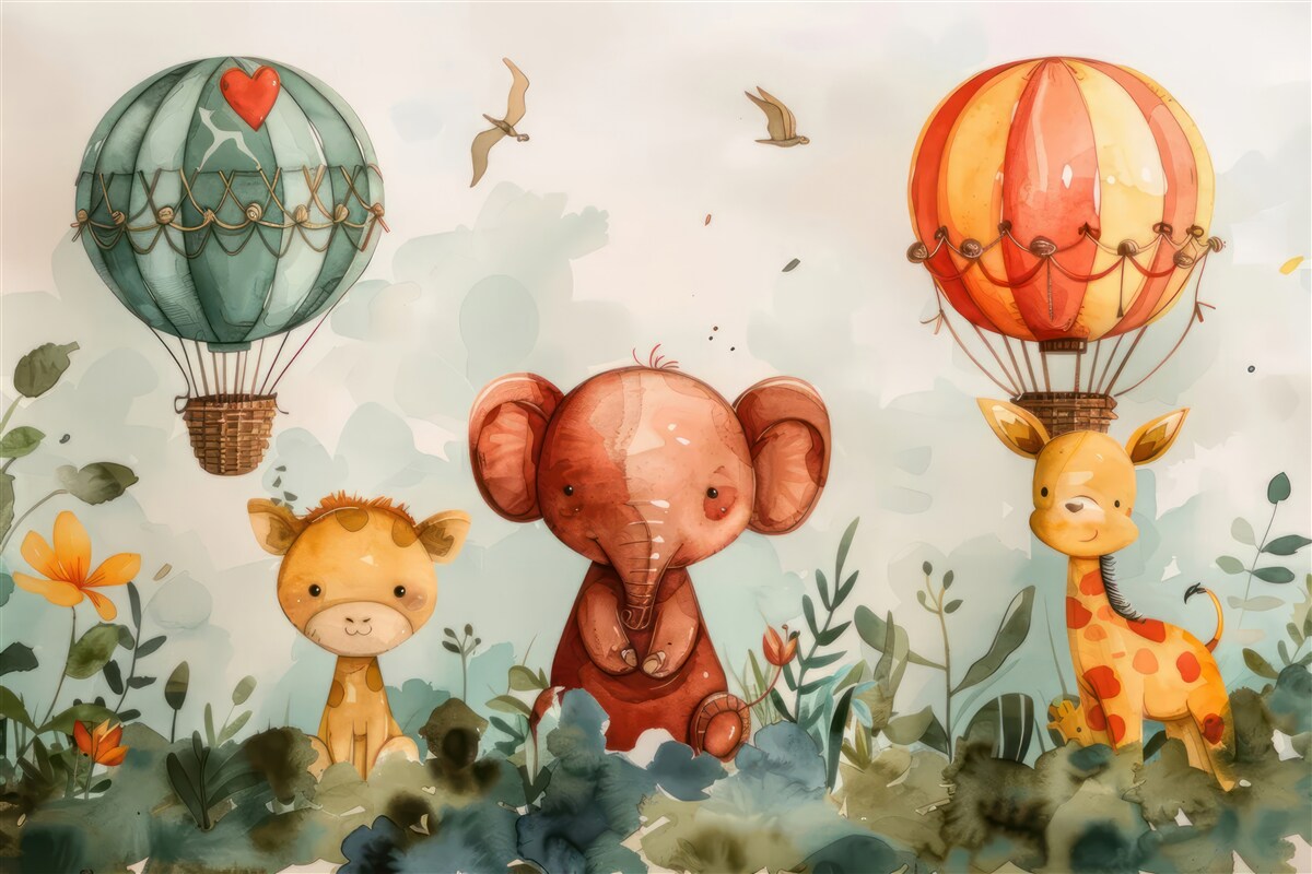 Fototapeten Im Hintergrund der Luftballons können Sie Tiere sehen