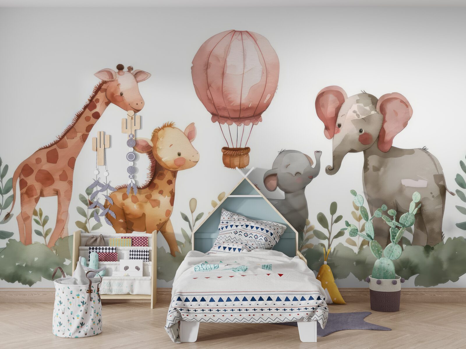 Fototapeten Kleine Elefanten und Giraffen