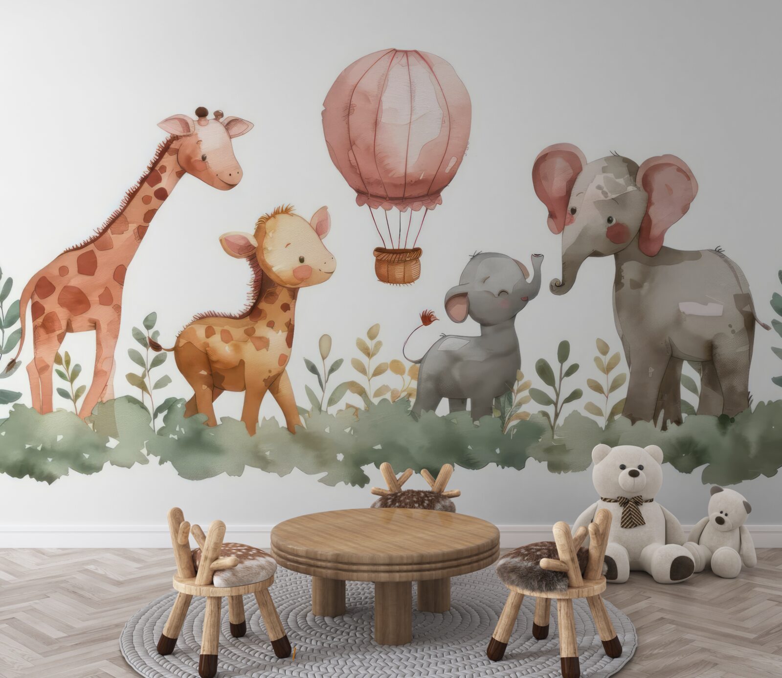 Fototapeten Kleine Elefanten und Giraffen