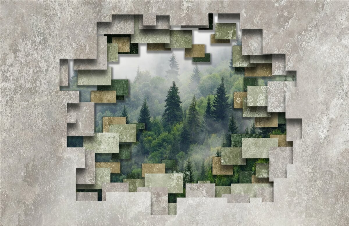 Fototapeten Mauer in Ruinen und Nadelbäumen im Wald