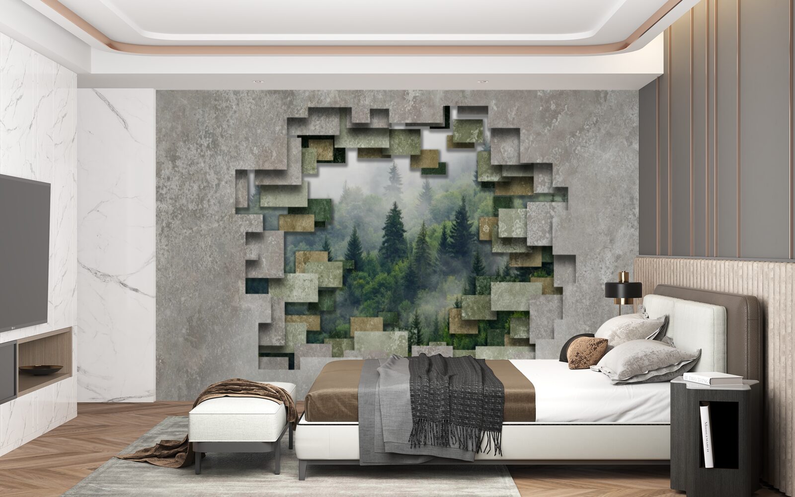 Fototapeten Mauer in Ruinen und Nadelbäumen im Wald