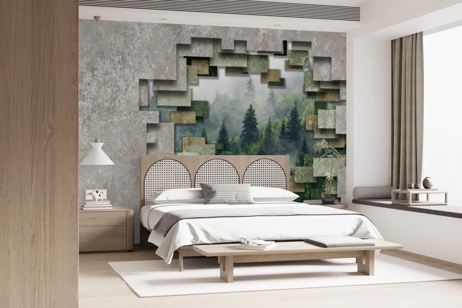 Fototapeten Mauer in Ruinen und Nadelbäumen im Wald
