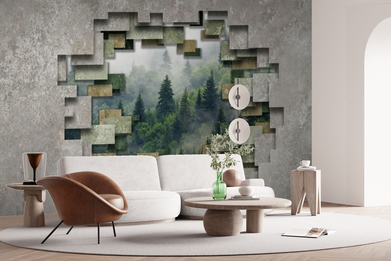 Fototapeten Mauer in Ruinen und Nadelbäumen im Wald