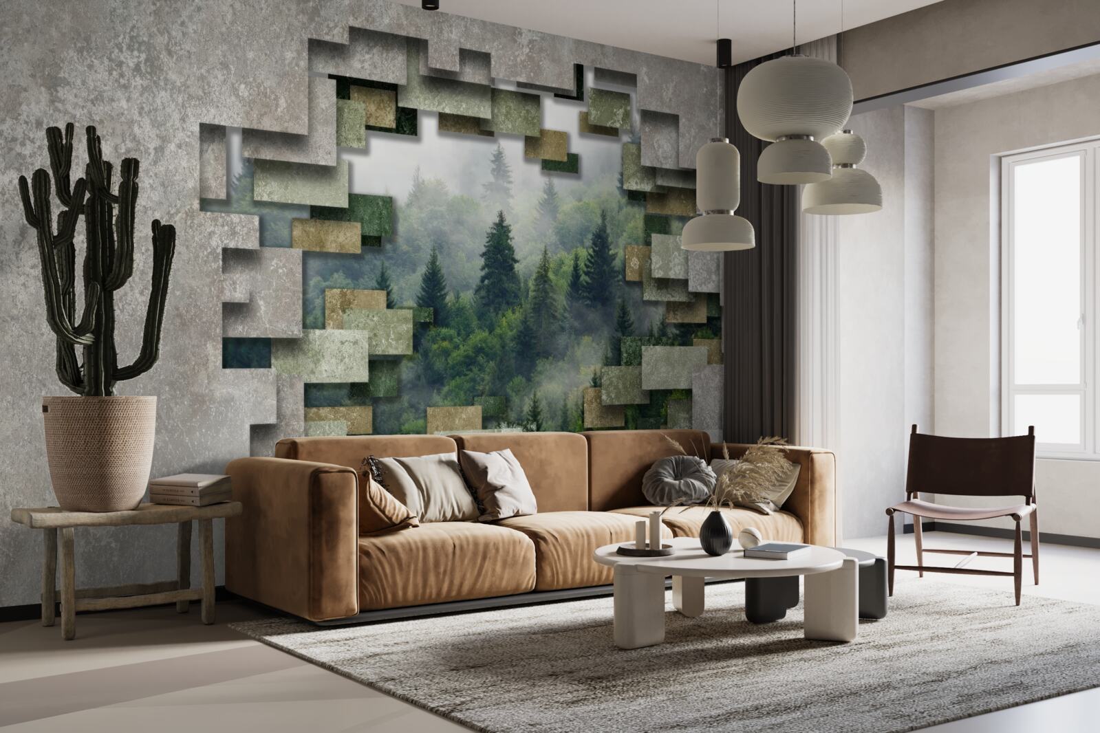 Fototapeten Mauer in Ruinen und Nadelbäumen im Wald