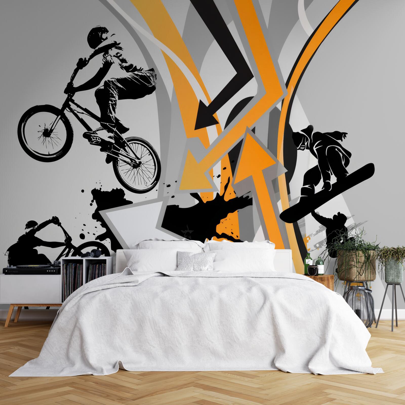 Fototapeten Junge Leute fahren Fahrräder und Skateboards