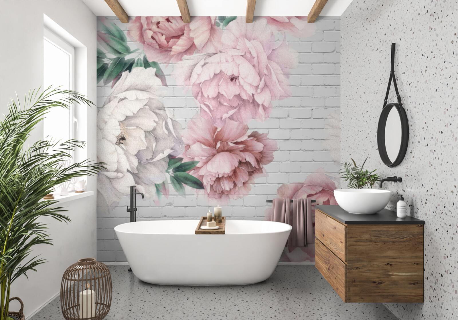 Fototapeten Pfingstrosen in rosa und weißen Blumen