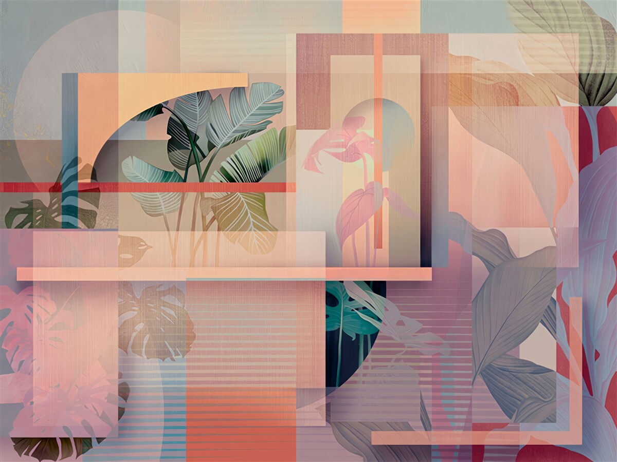Fototapeten Hintergrund mit Elementen der Vegetation und geometrischen Formen