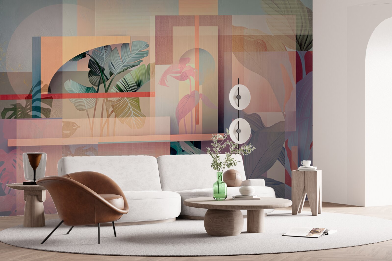 Fototapeten Hintergrund mit Elementen der Vegetation und geometrischen Formen