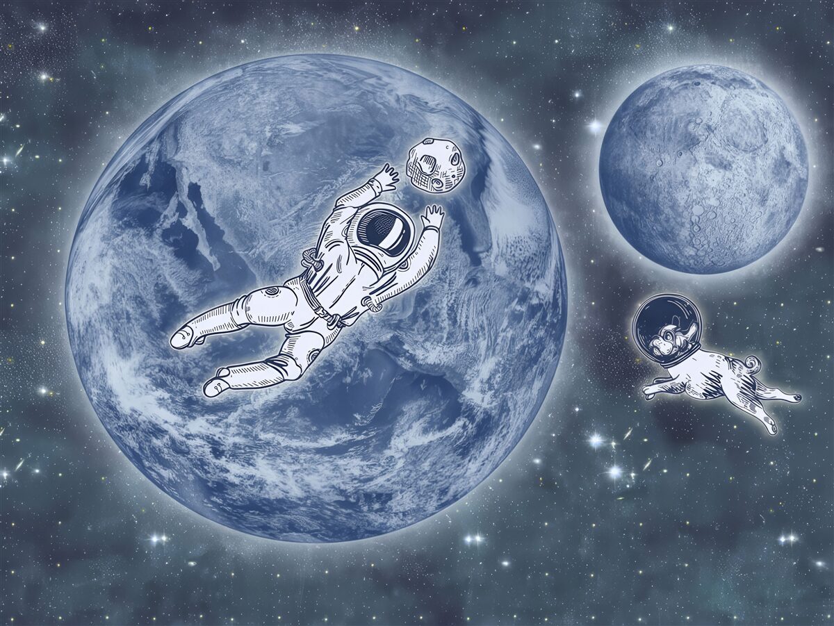 Fototapeten Der Astronaut und der Hund flogen in den Weltraum