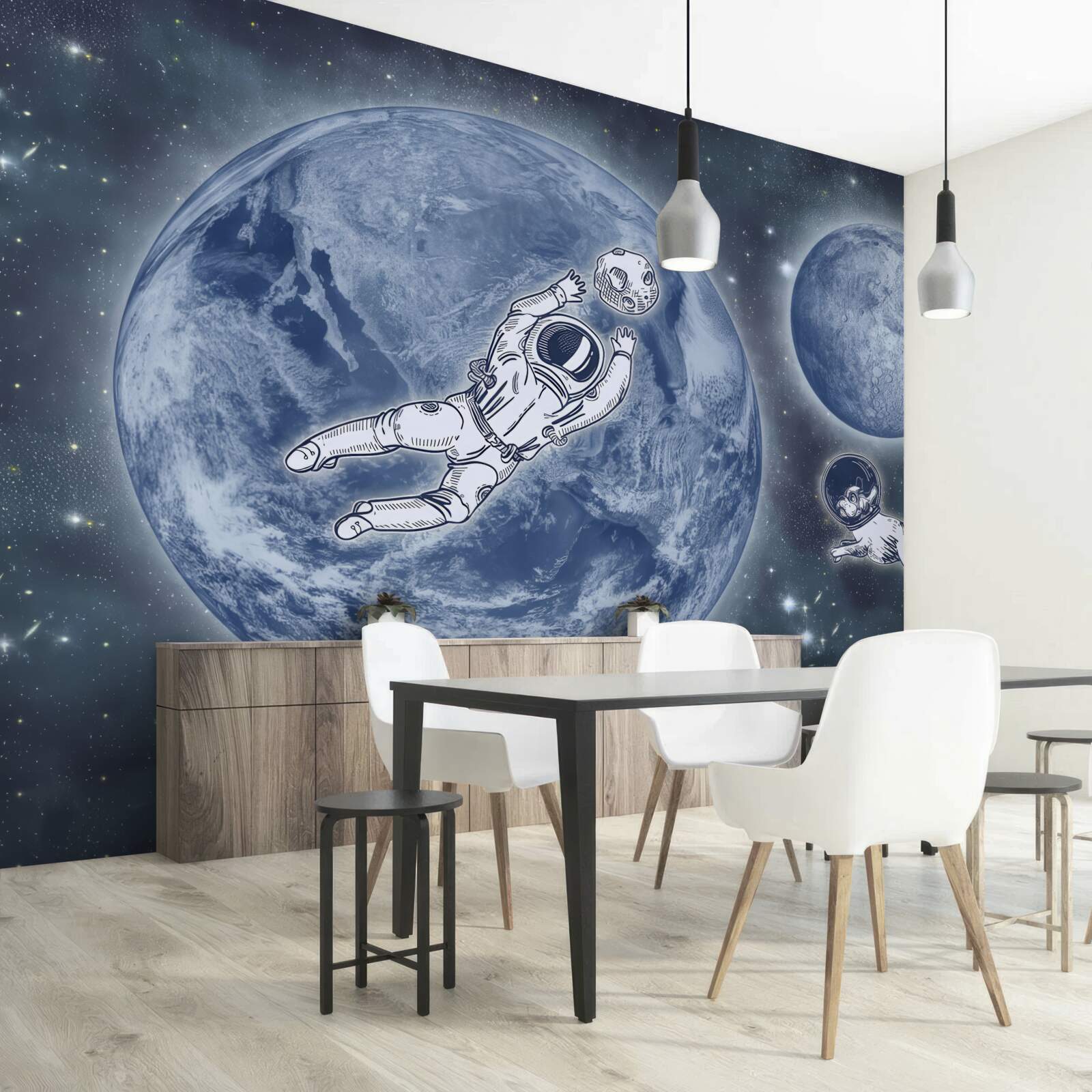 Fototapeten Der Astronaut und der Hund flogen in den Weltraum