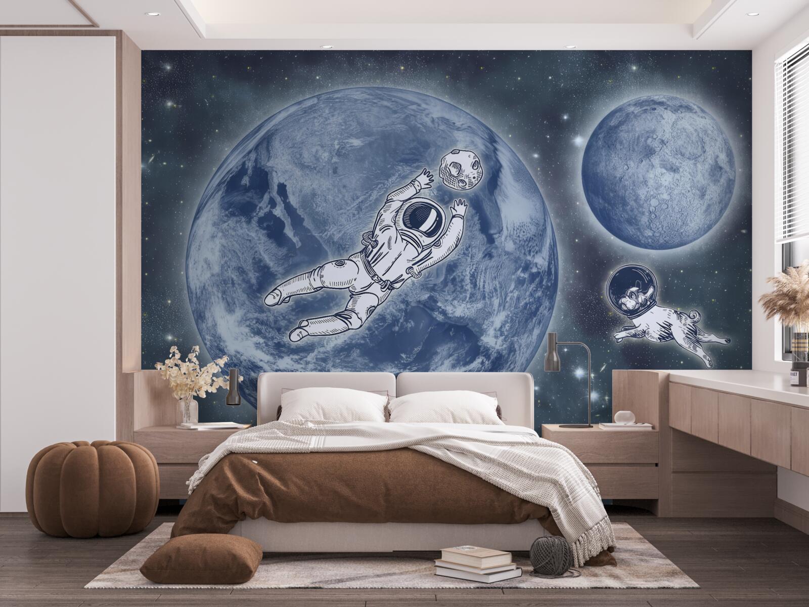 Fototapeten Der Astronaut und der Hund flogen in den Weltraum