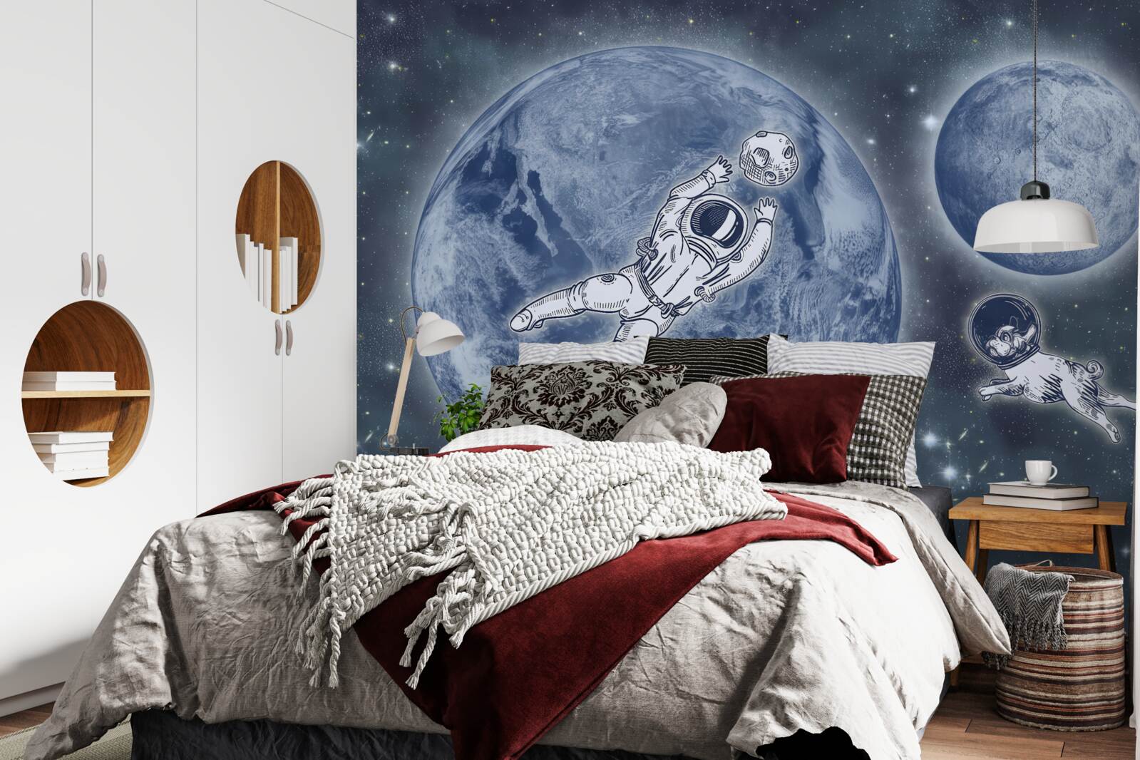 Fototapeten Der Astronaut und der Hund flogen in den Weltraum