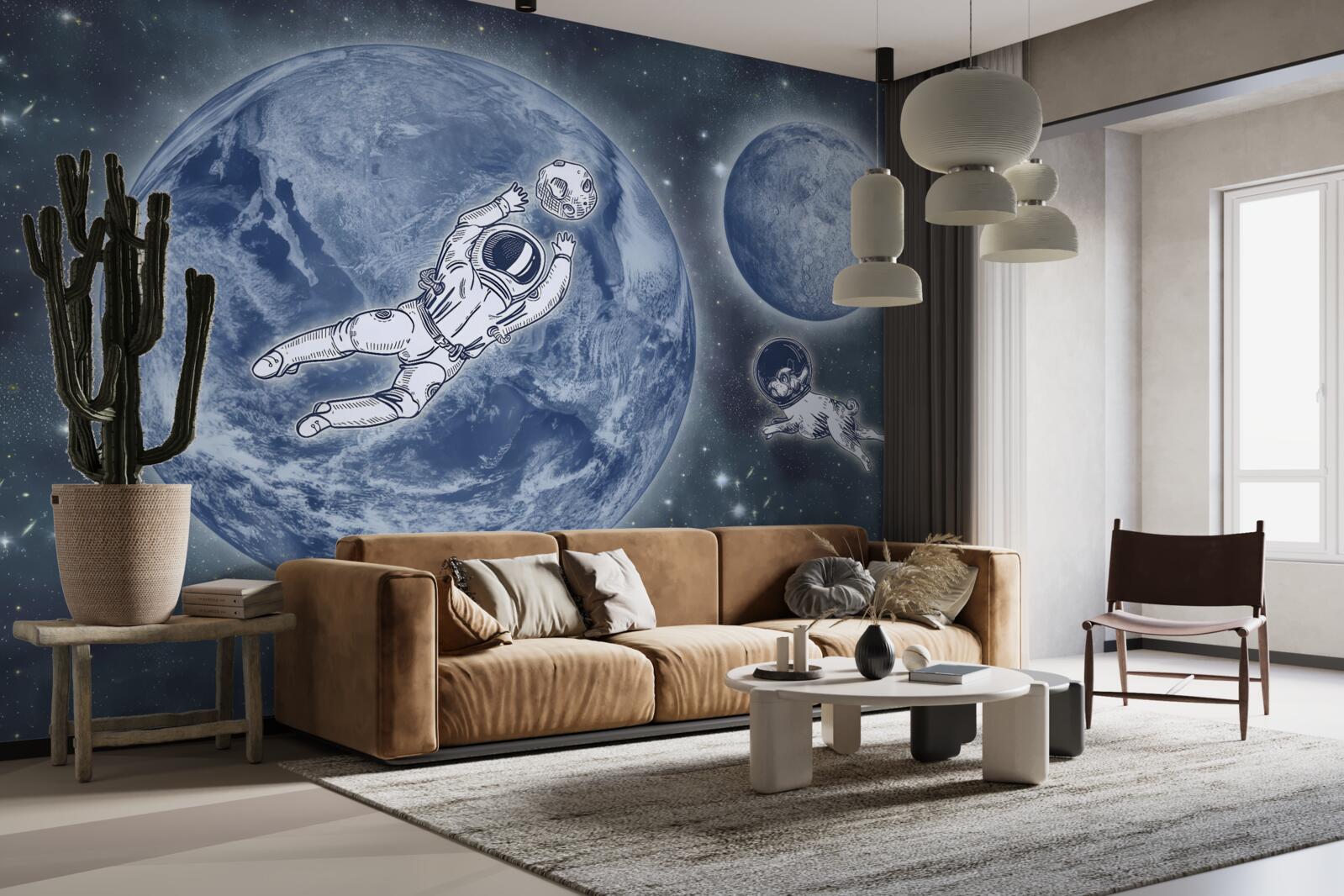 Fototapeten Der Astronaut und der Hund flogen in den Weltraum