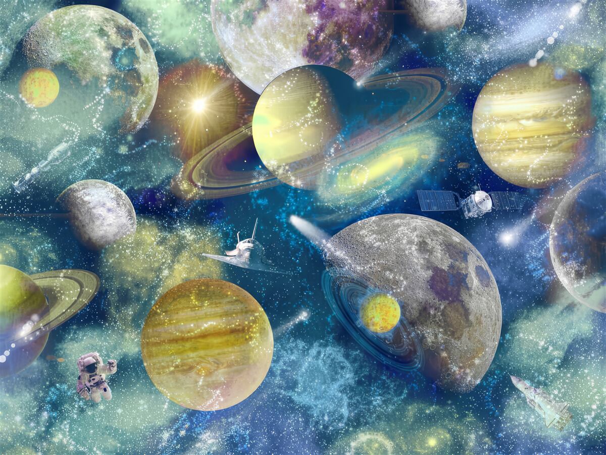 Fototapeten Astronaut vor dem Hintergrund verschiedener Planeten im Weltraum