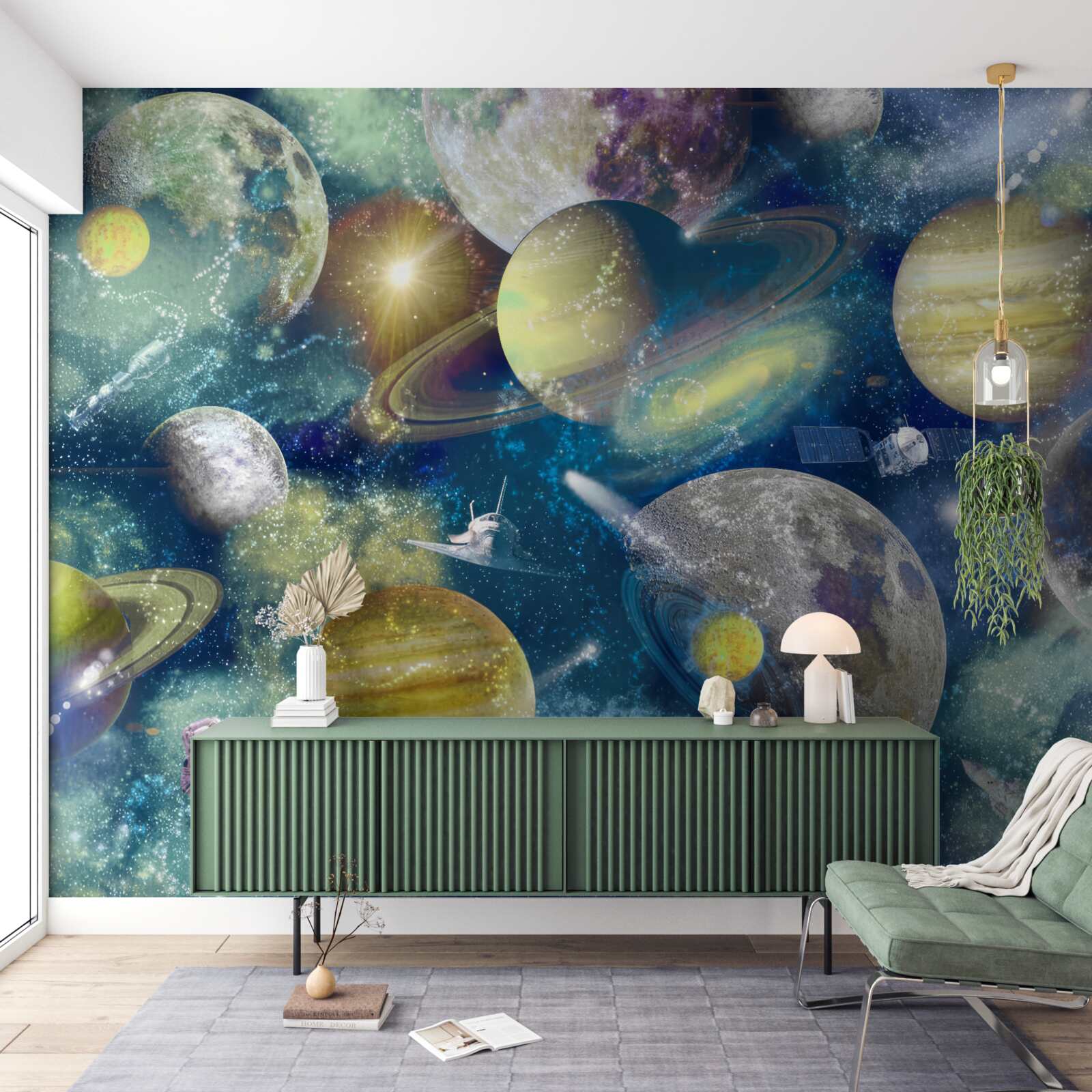 Fototapeten Astronaut vor dem Hintergrund verschiedener Planeten im Weltraum