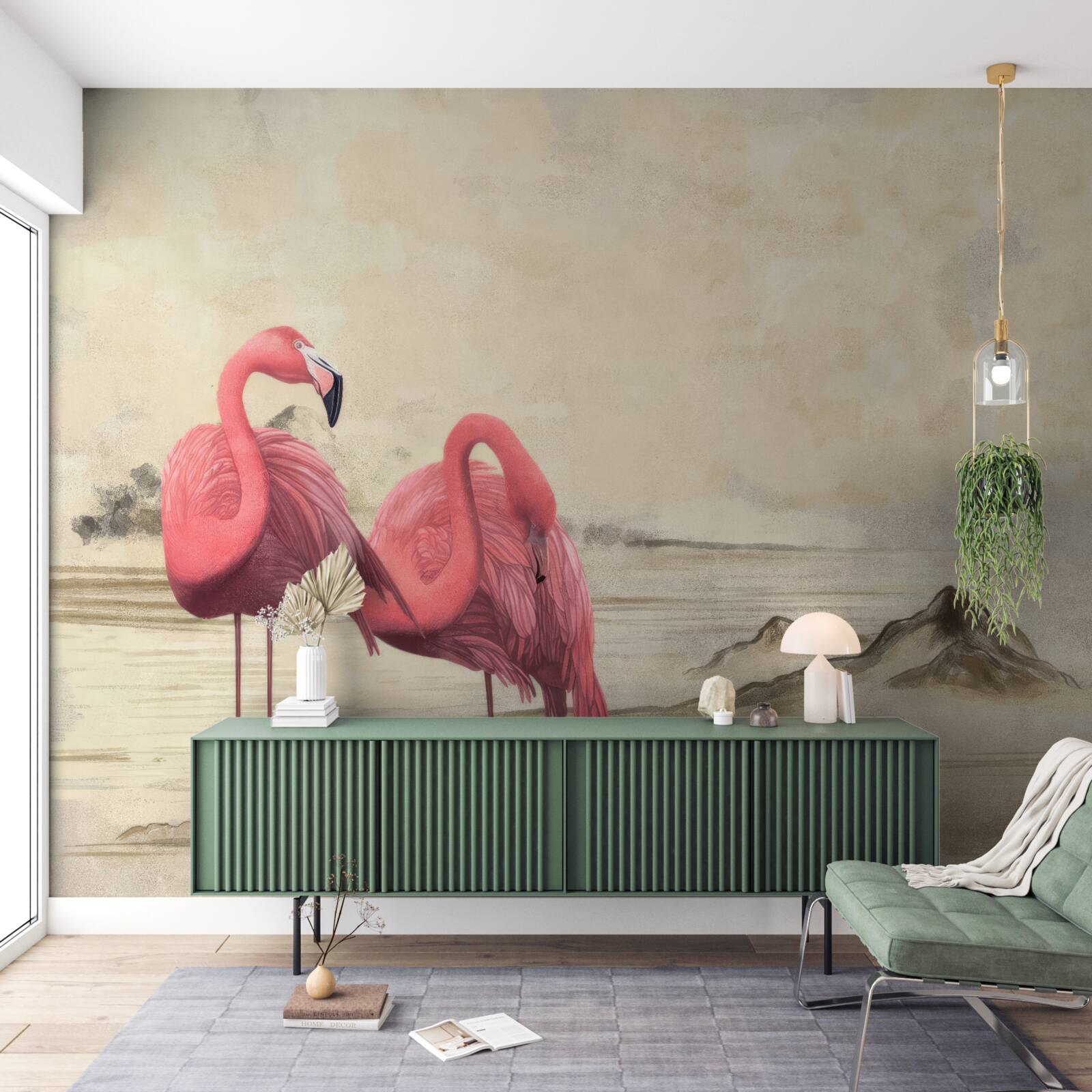 Fototapeten Ein Paar hellrosa Flamingos