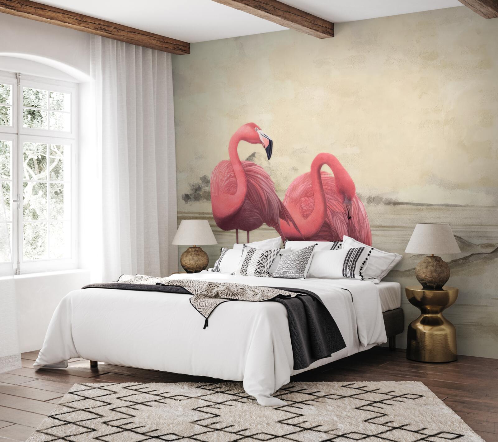 Fototapeten Ein Paar hellrosa Flamingos