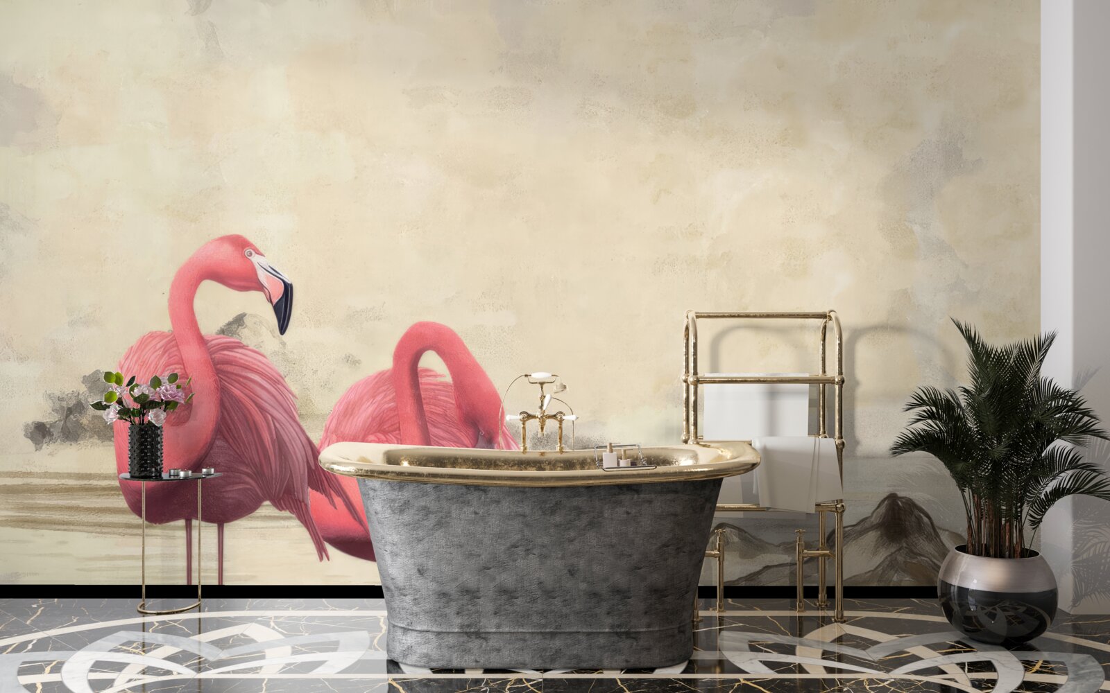 Fototapeten Ein Paar hellrosa Flamingos