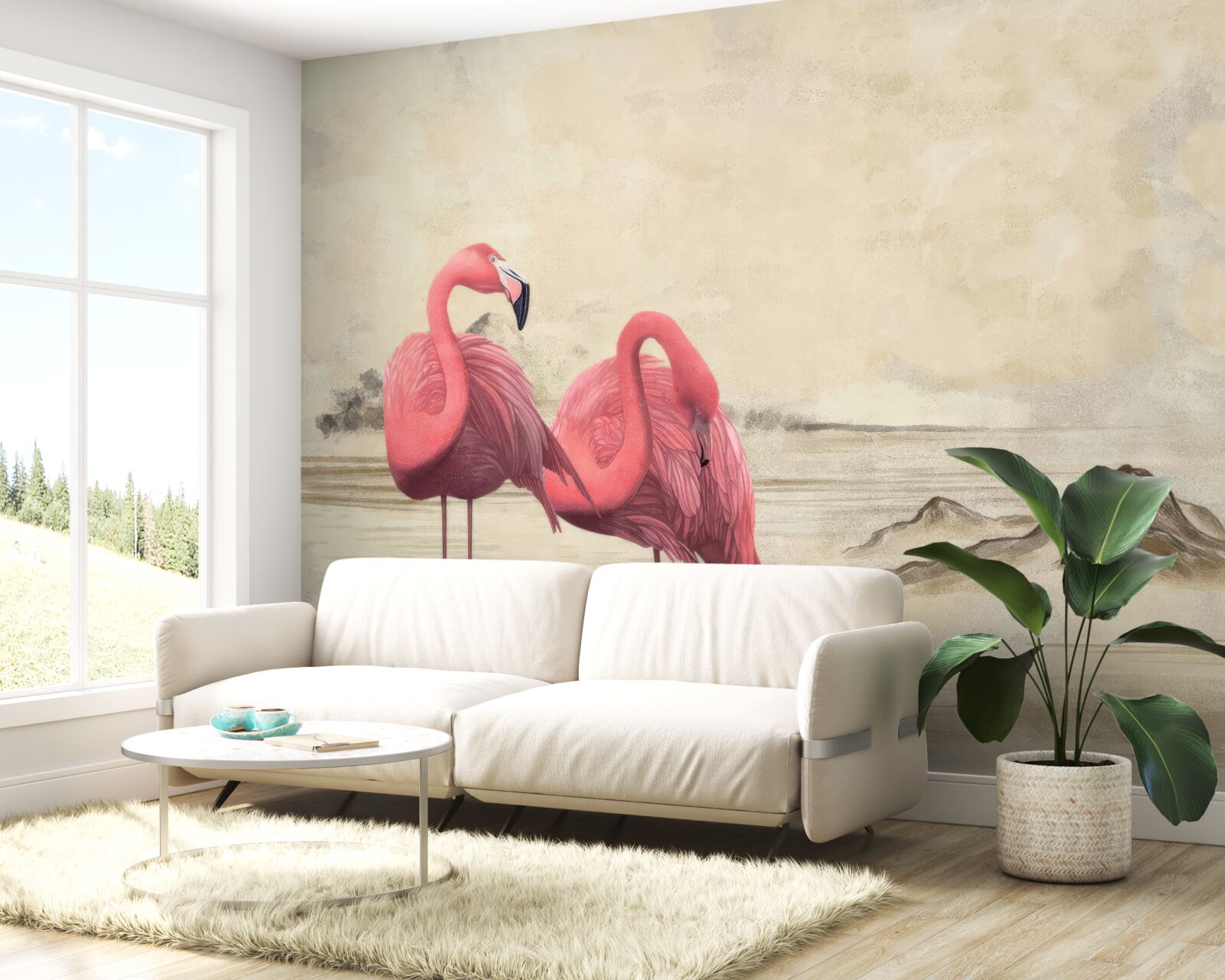 Fototapeten Ein Paar hellrosa Flamingos