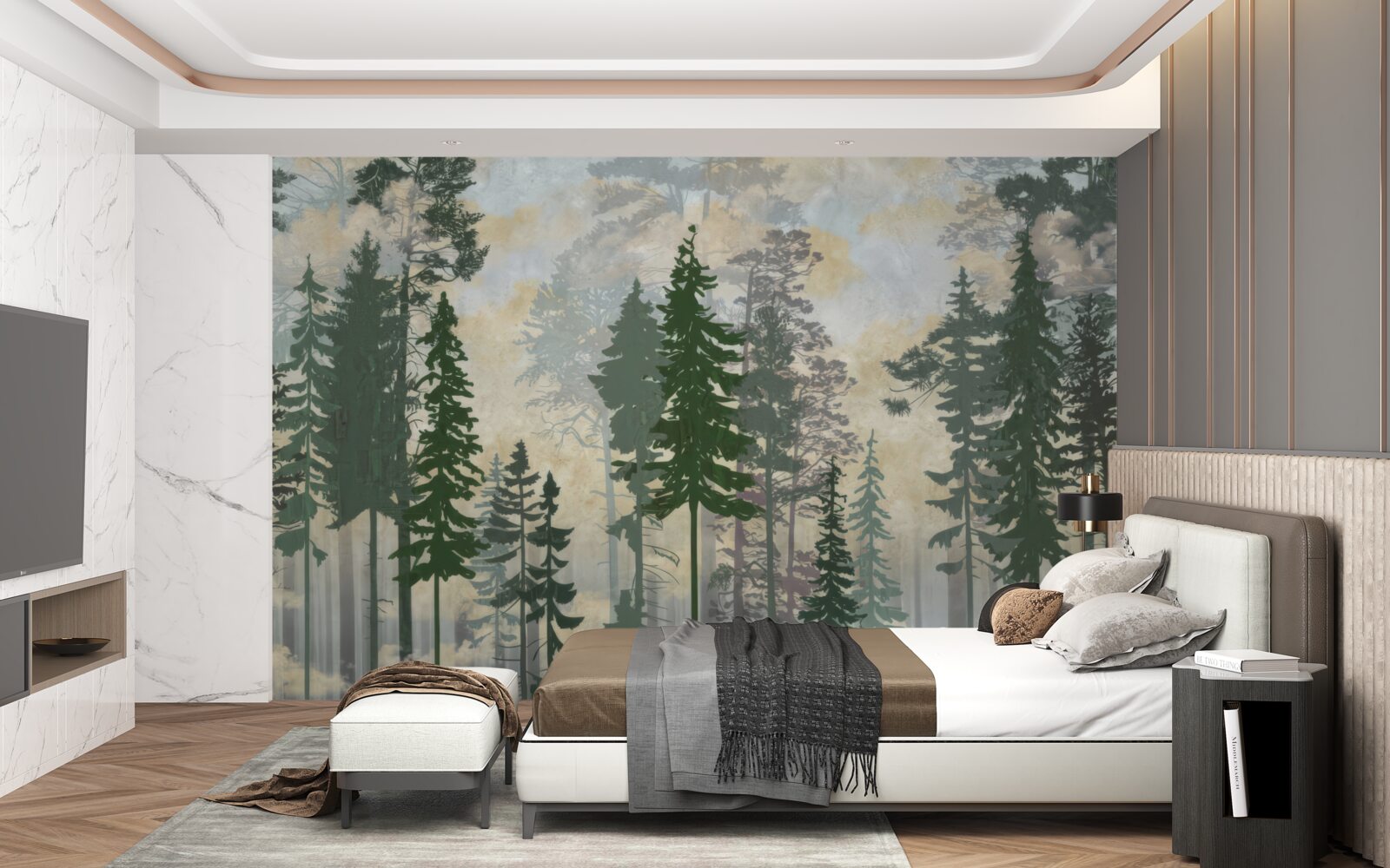 Fototapeten Ein nebliger Wald mit Bäumen bedeckt