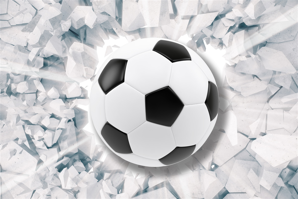 Fototapeten Abstrakte Szene: Fußball durchbohrt die Wand