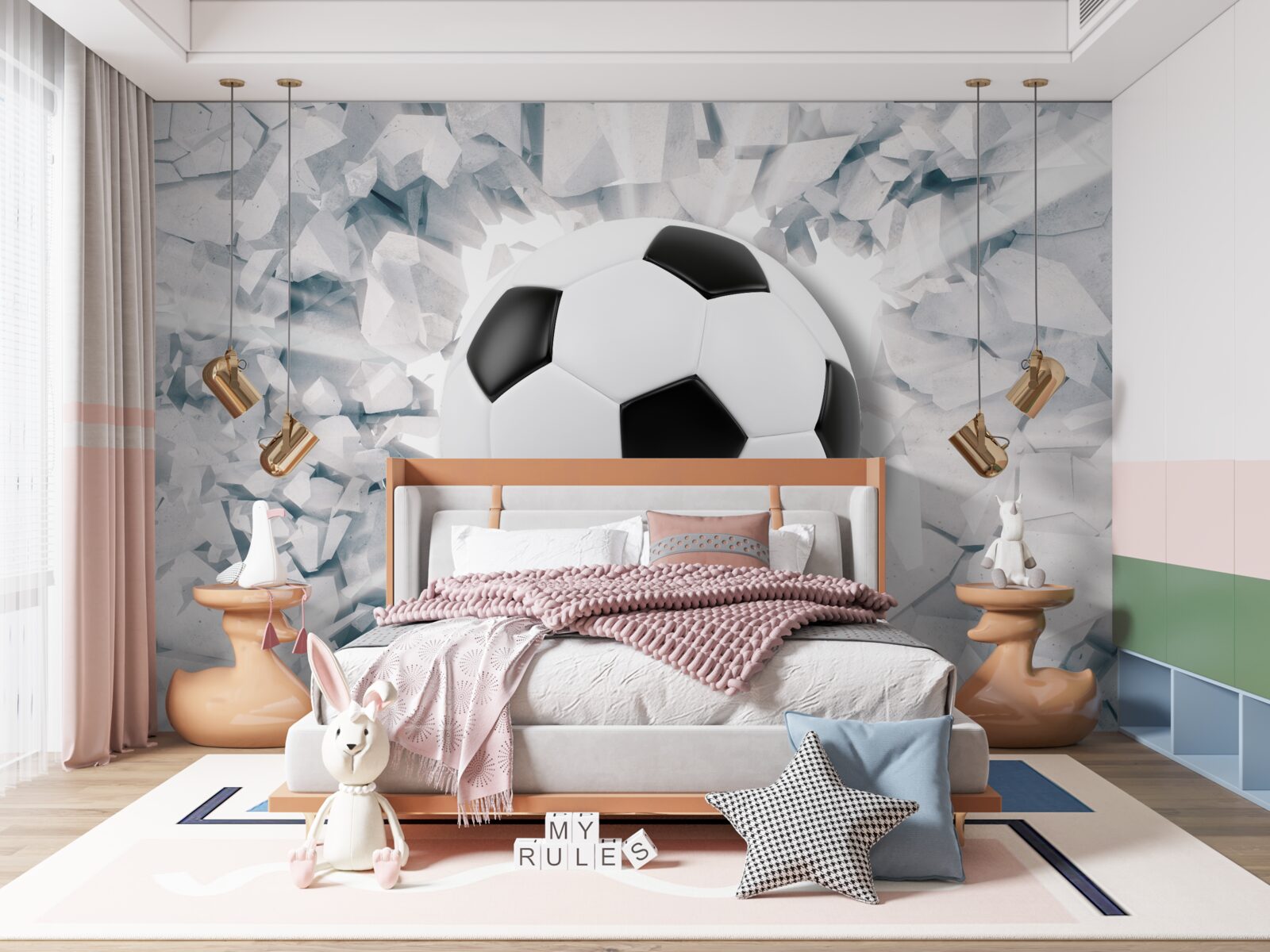 Fototapeten Abstrakte Szene: Fußball durchbohrt die Wand