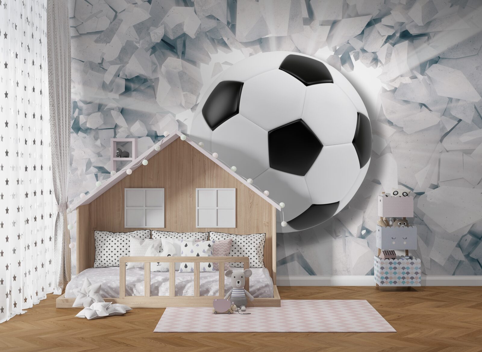 Fototapeten Abstrakte Szene: Fußball durchbohrt die Wand