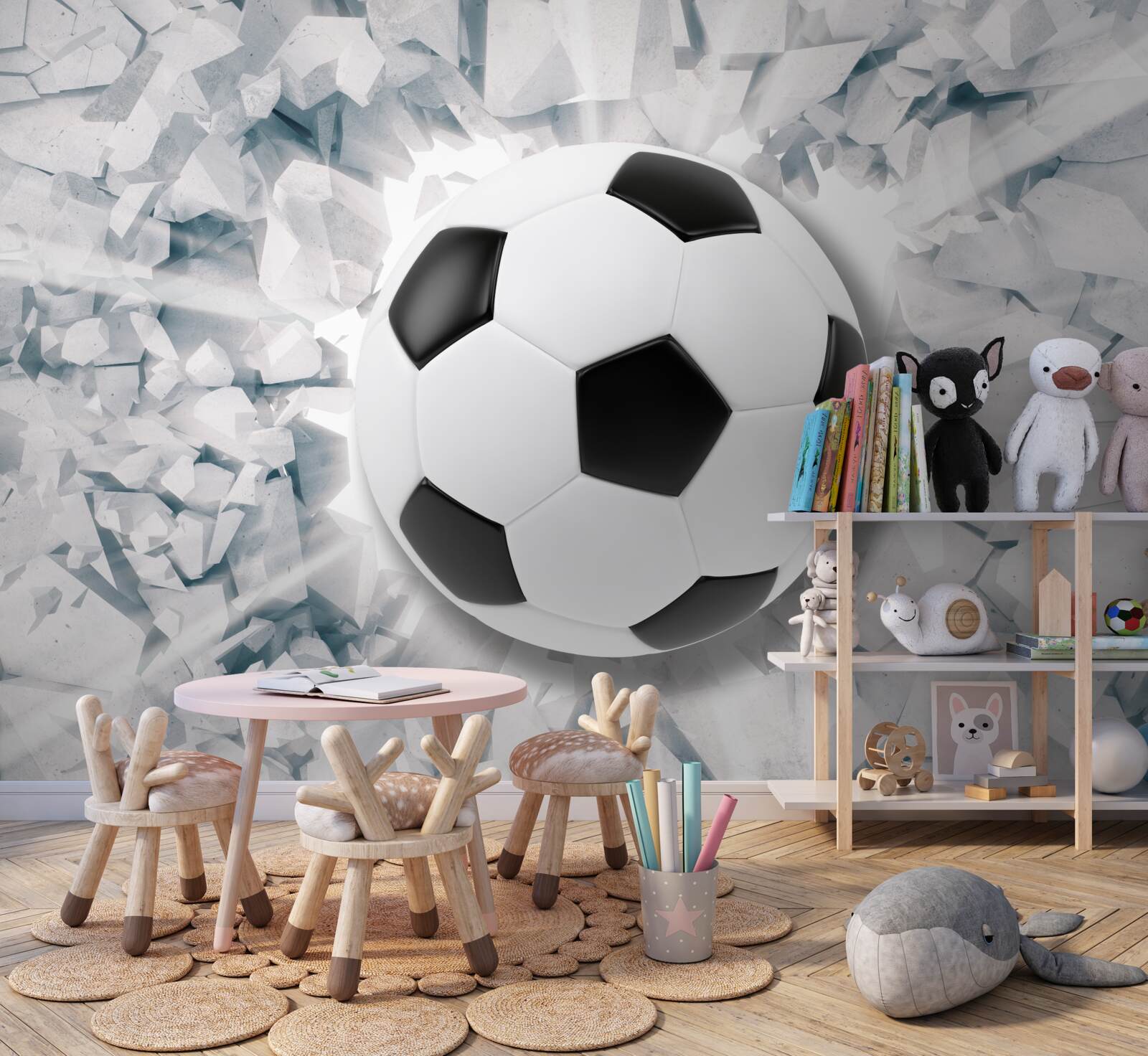 Fototapeten Abstrakte Szene: Fußball durchbohrt die Wand