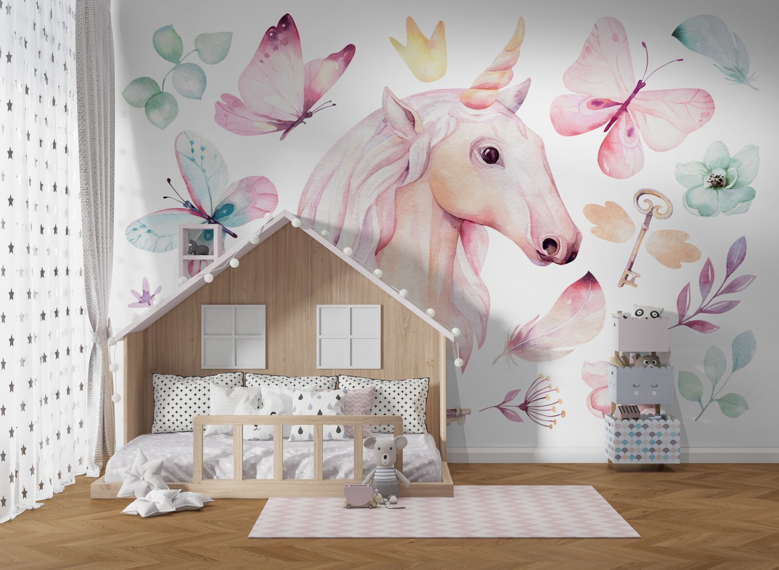 Fototapeten Einhorn von Schmetterlingen und Schlüssel umgeben
