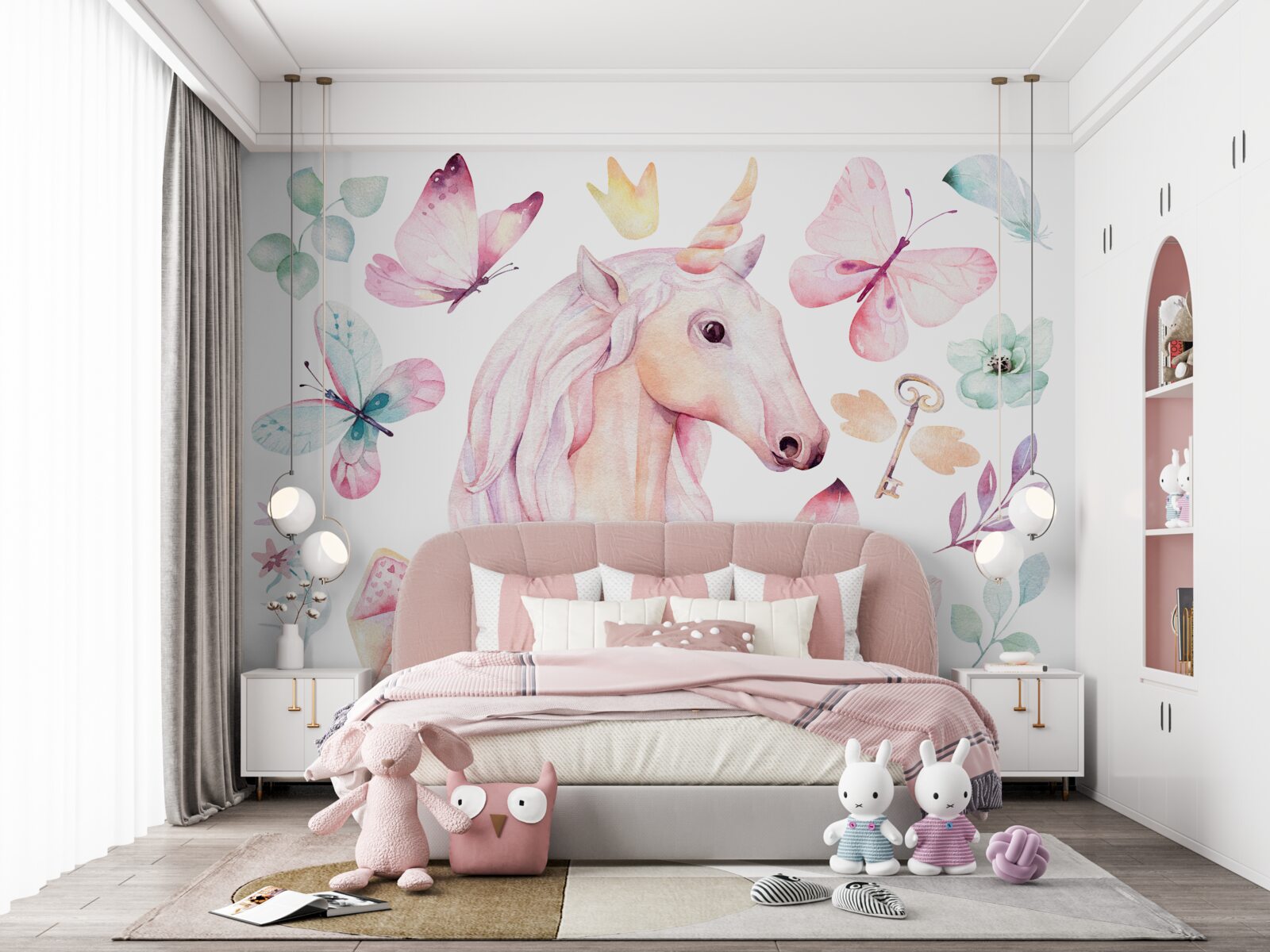 Fototapeten Einhorn von Schmetterlingen und Schlüssel umgeben